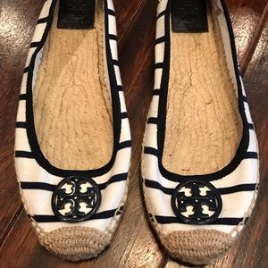 Tory Burch White Navy Striped Espadrilles